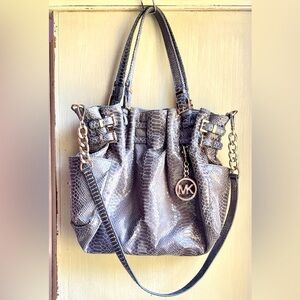 Michael Kors Python Convertible Snakeskin Embossed Shoulder Bag Gray Gold Chain